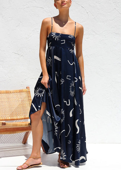 Navy Print Cotton Spaghetti Strap Dress Summer