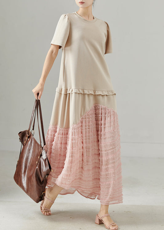 Apricot Ruffled Patchwork Cotton Maxi Dress Summer