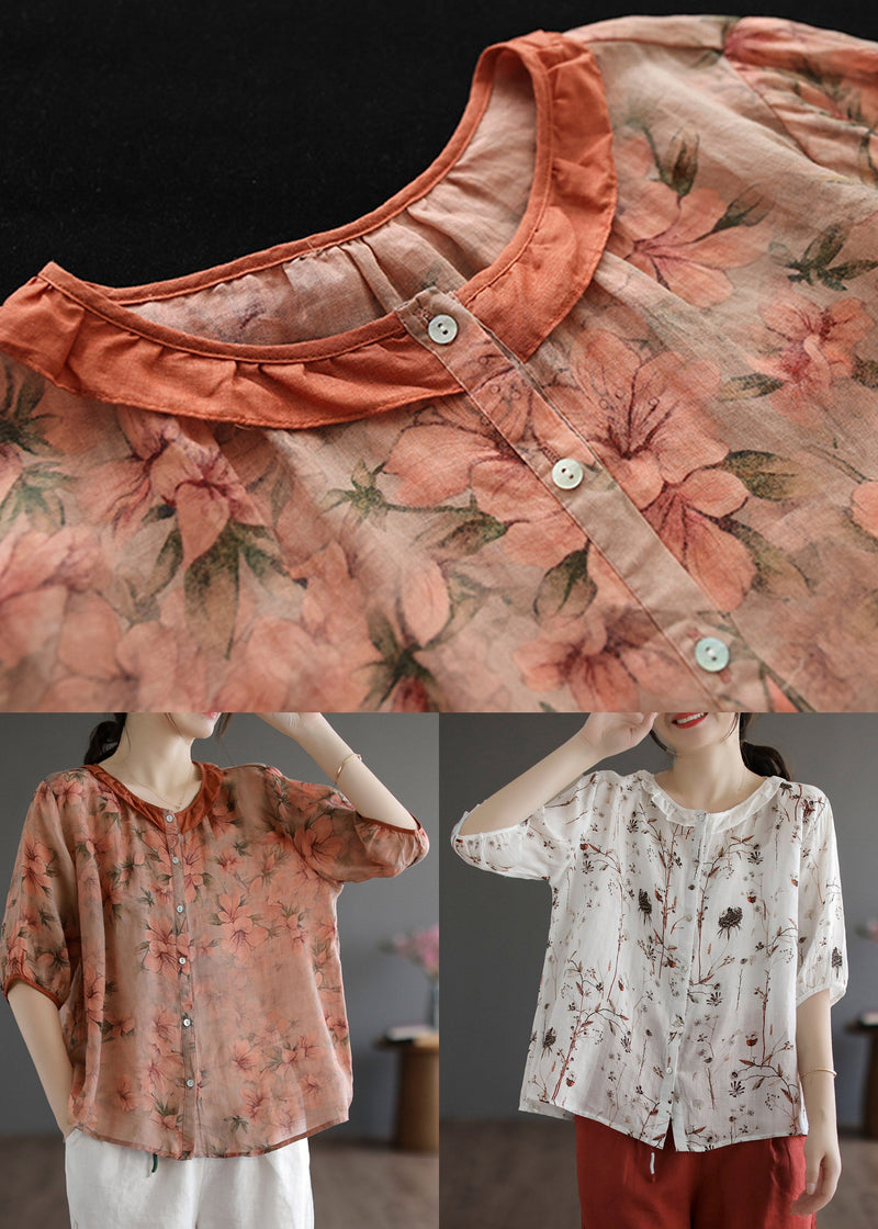 White O-neck Button Linen Shirt Half Sleeve