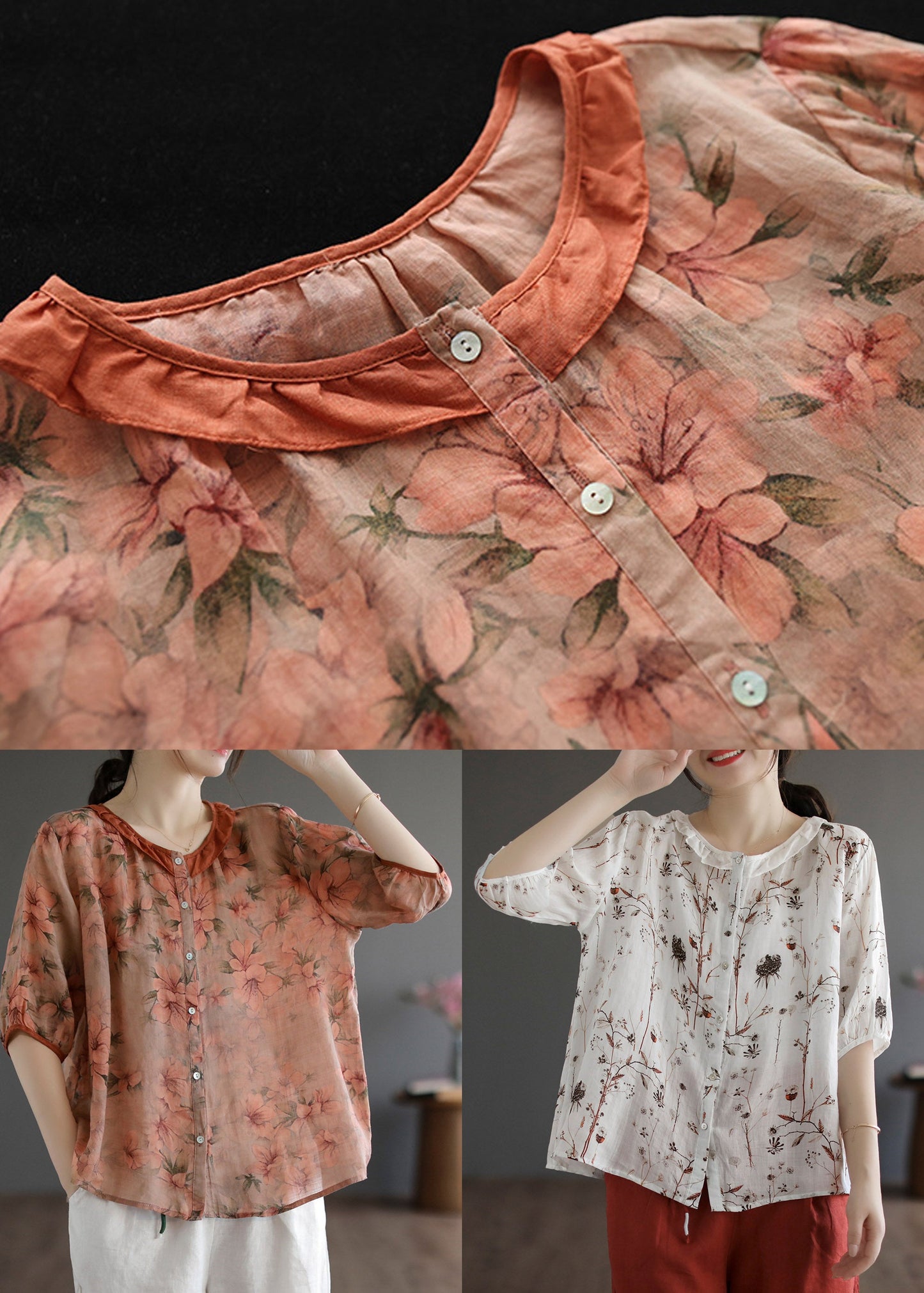 Red Ruffled Print Linen Shirt Half Sleeve