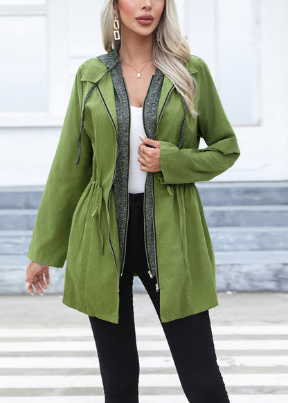 Green Drawstring Patchwork Cotton Hoodie Coat Fall