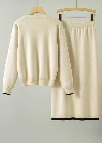 New Grey O Neck Embroidered Knit Two Pieces Set Fall