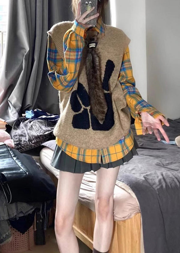 Modern Yellow Plaid Knit Vest and Shirts Two Pieces Set Spring