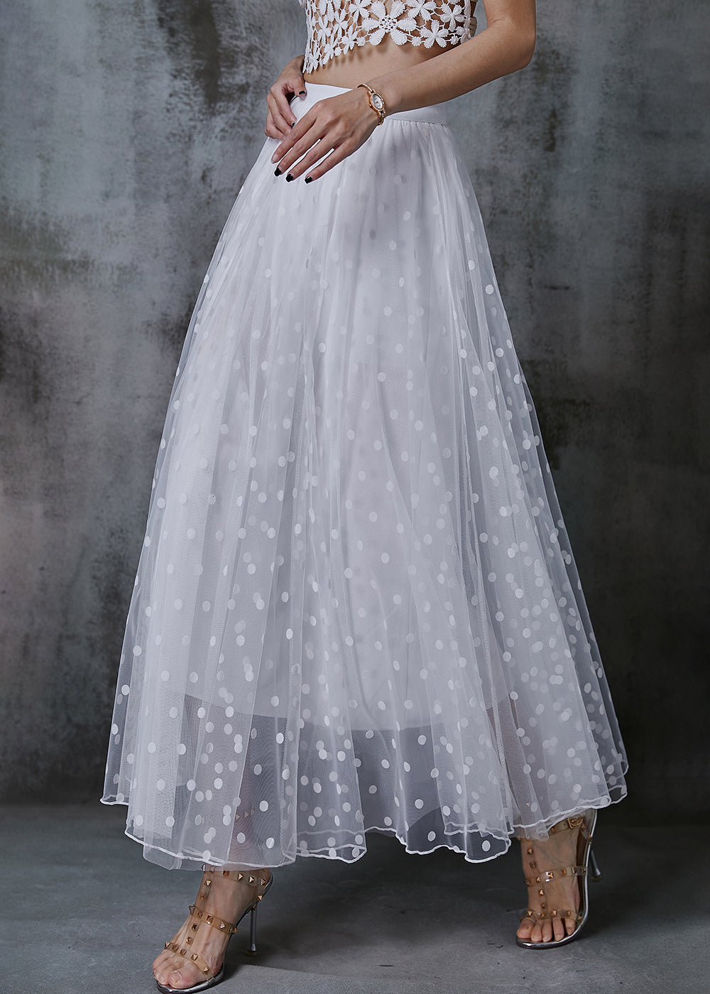 White Print Exra Large Hem Tulle Skirts Summer