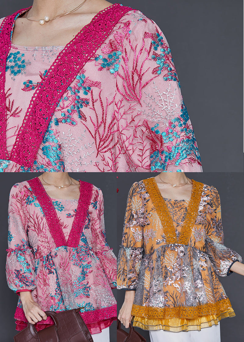 Rose Embroidered Patchwork Tulle Shirt Spring