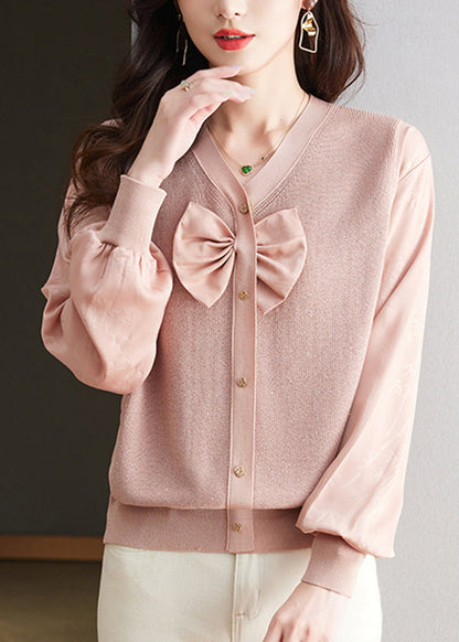 Black V Neck Bow Silk Patchwork Knit Shirt Top Spring