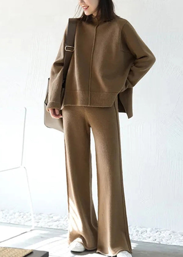 French Apricot Sweaters and Pants Knit Two Pieces Set Winter