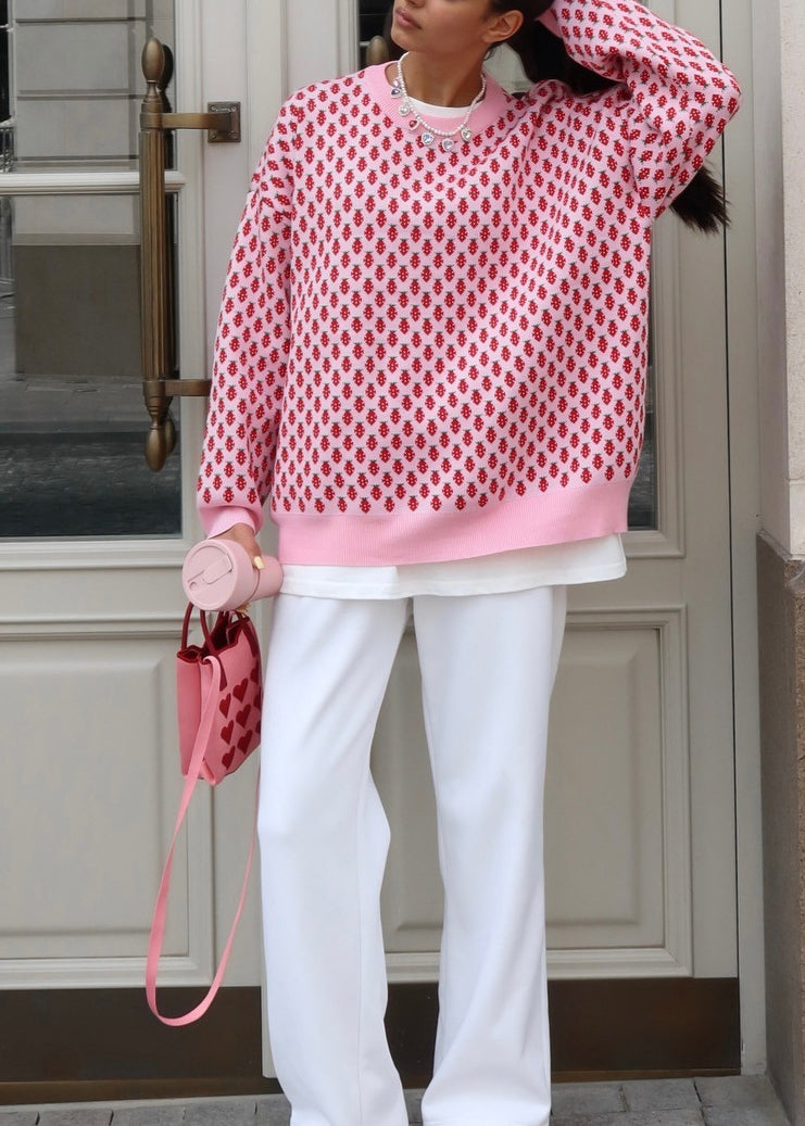 New Pink O Neck Jacquard Thick Knit Sweater Fall