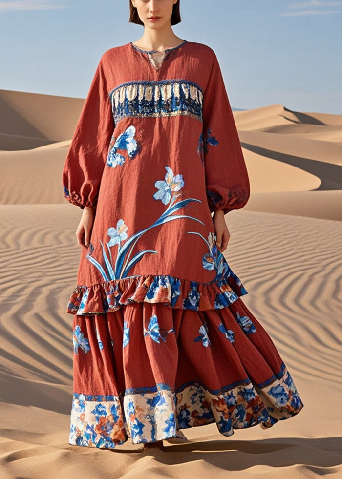 Red Ruffled Patchwork Print Cotton Holiday Dress Fall