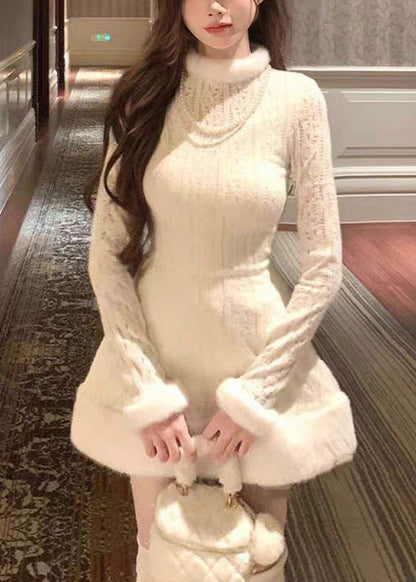 White Fur Collar Coat and Dress Fluffy Two Pieces Set Flare Sleeve