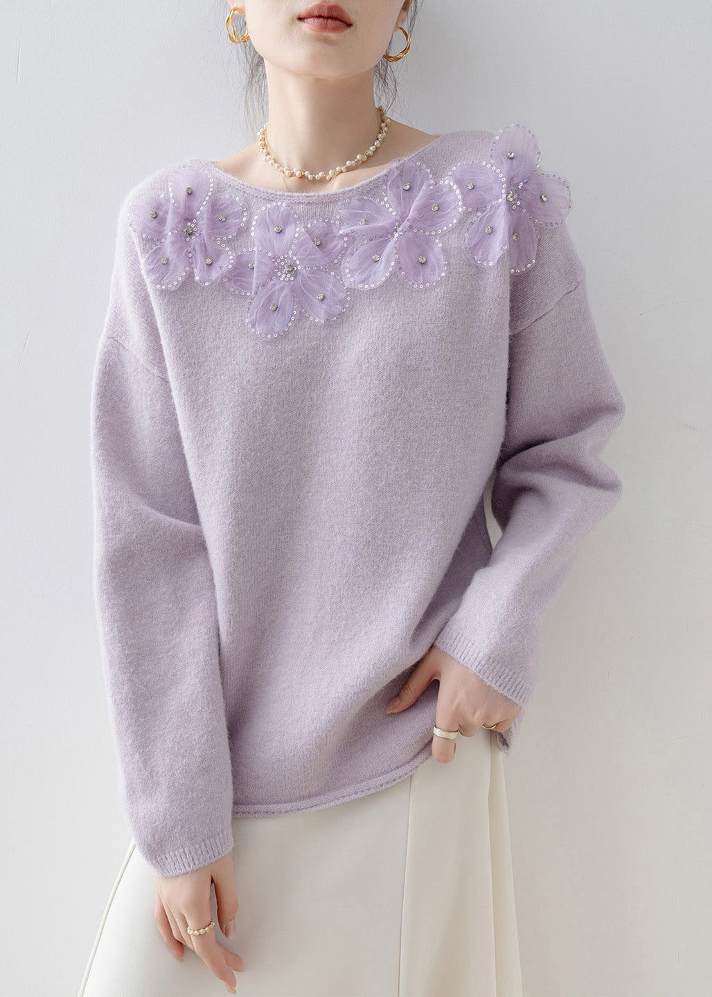 Purple O Neck Sequins Zircon Knit Top Spring