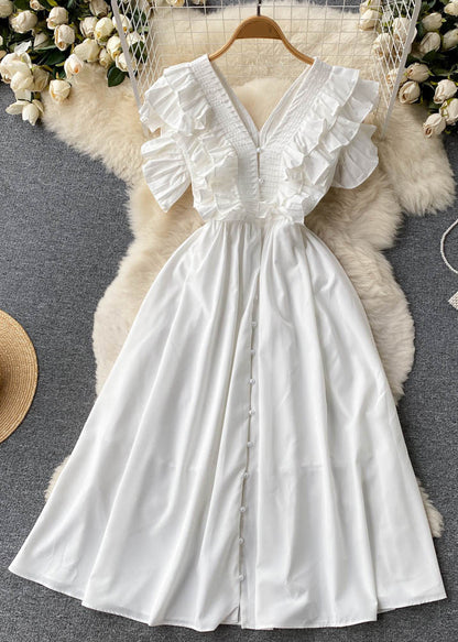 Red Ruffled Button Cotton Dress Summer