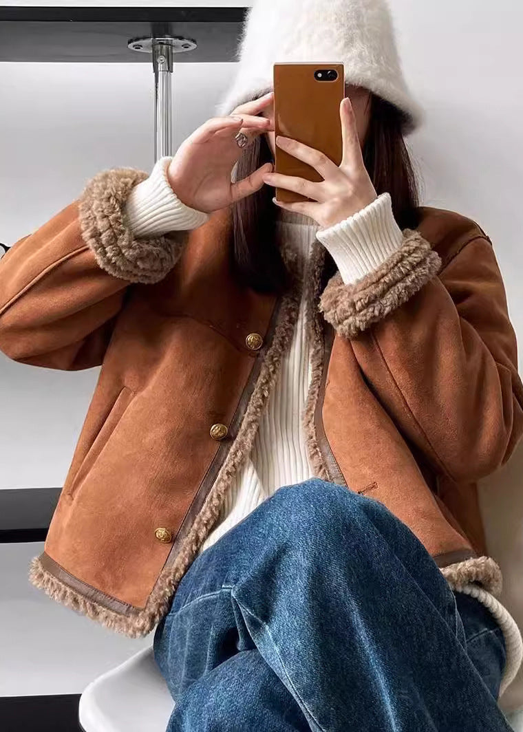Coffee O Neck Pockets Fleece Wool Lined Faux Suede Coat Winter