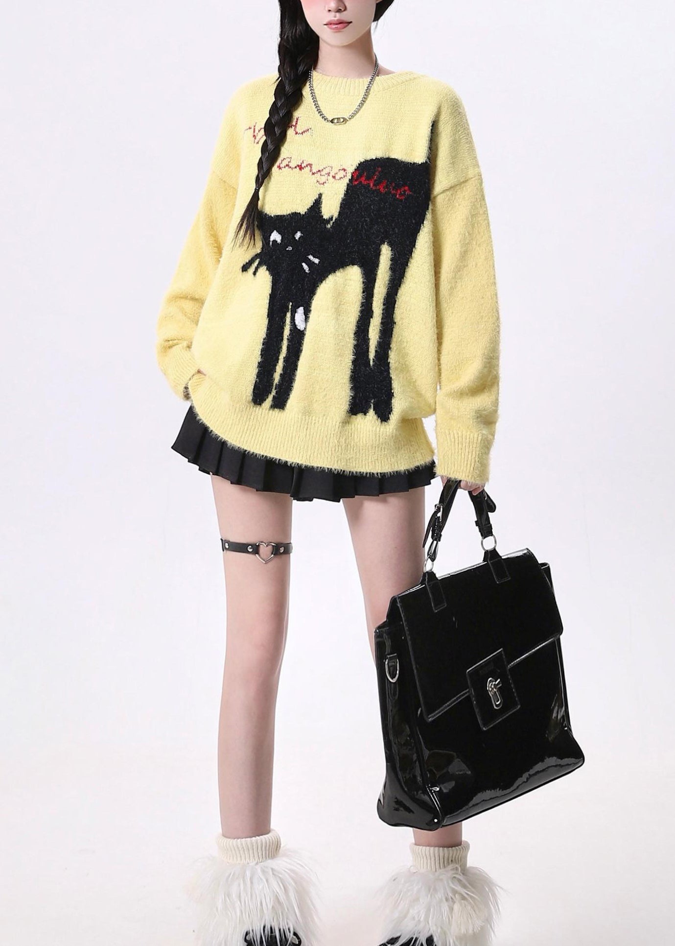 Yellow O Neck Cats Print Knit Sweaters Spring