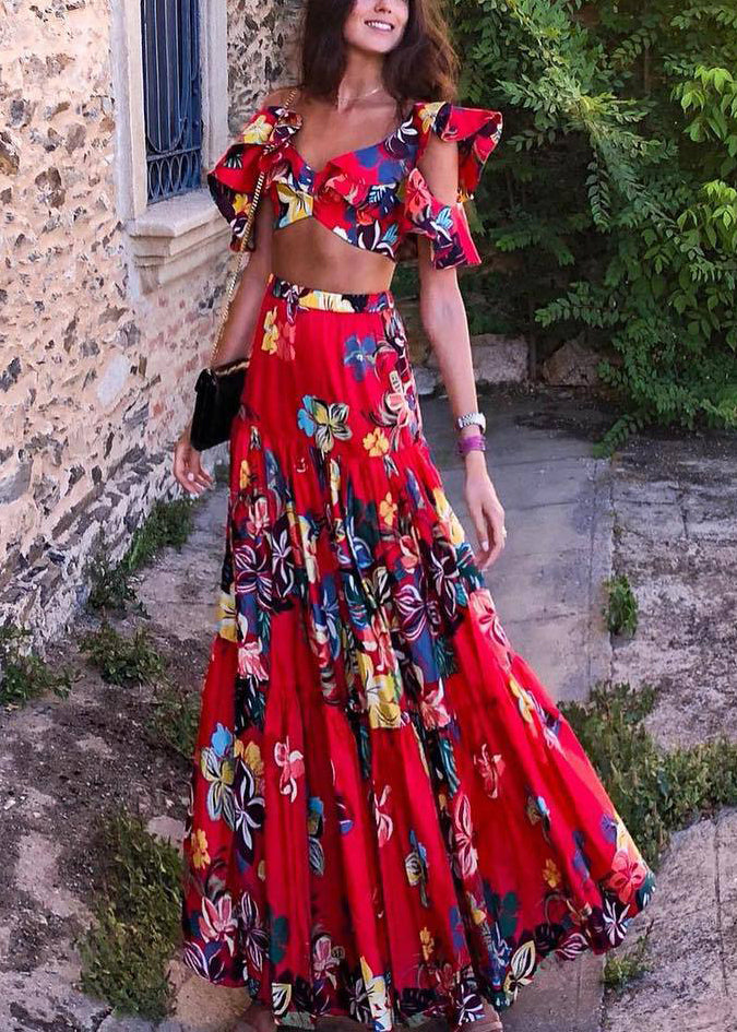 Red V Neck Print Cotton Long Dresses Summer