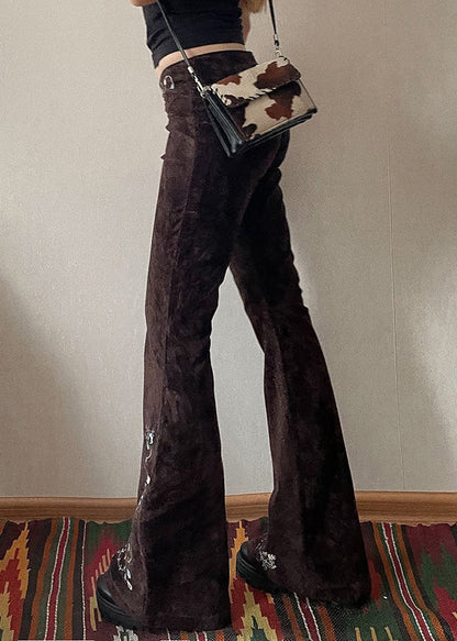 Slim Fit Chocolate Embroidered Denim Flared Trousers