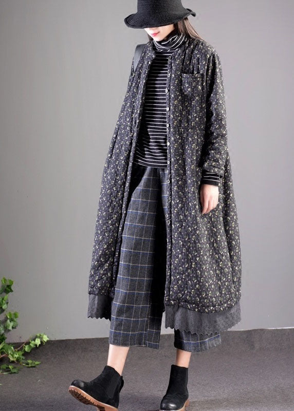 Black Lace Patchwork Fine Cotton Filled Witner Coats Lengthen
