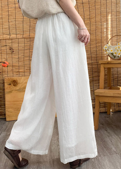 White Elastic Waist Linen Wide Leg Pants Summer