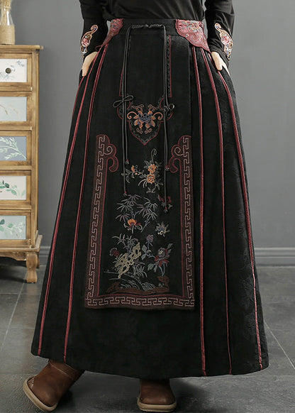 Chinese Style Yellow Edge Tasseled Embroideried Cotton Skirts Fall