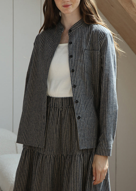 Loose Stand Collar Striped Button Cotton Shirt Spring