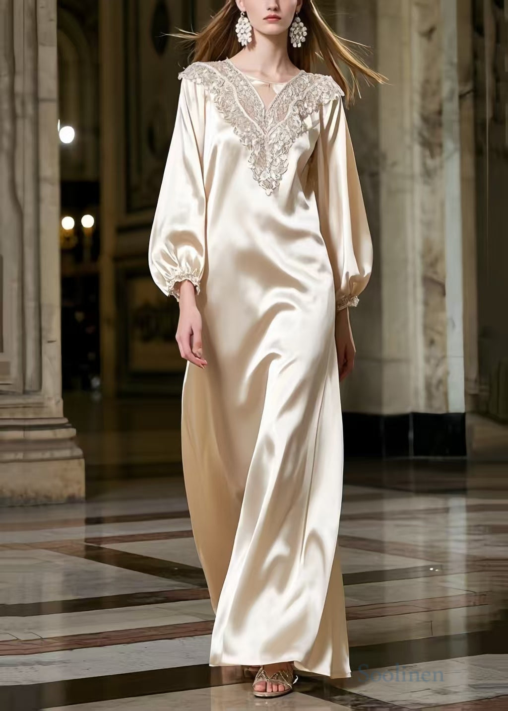 Champagne Lace Neck Draping Silk Robe Dresses Spring