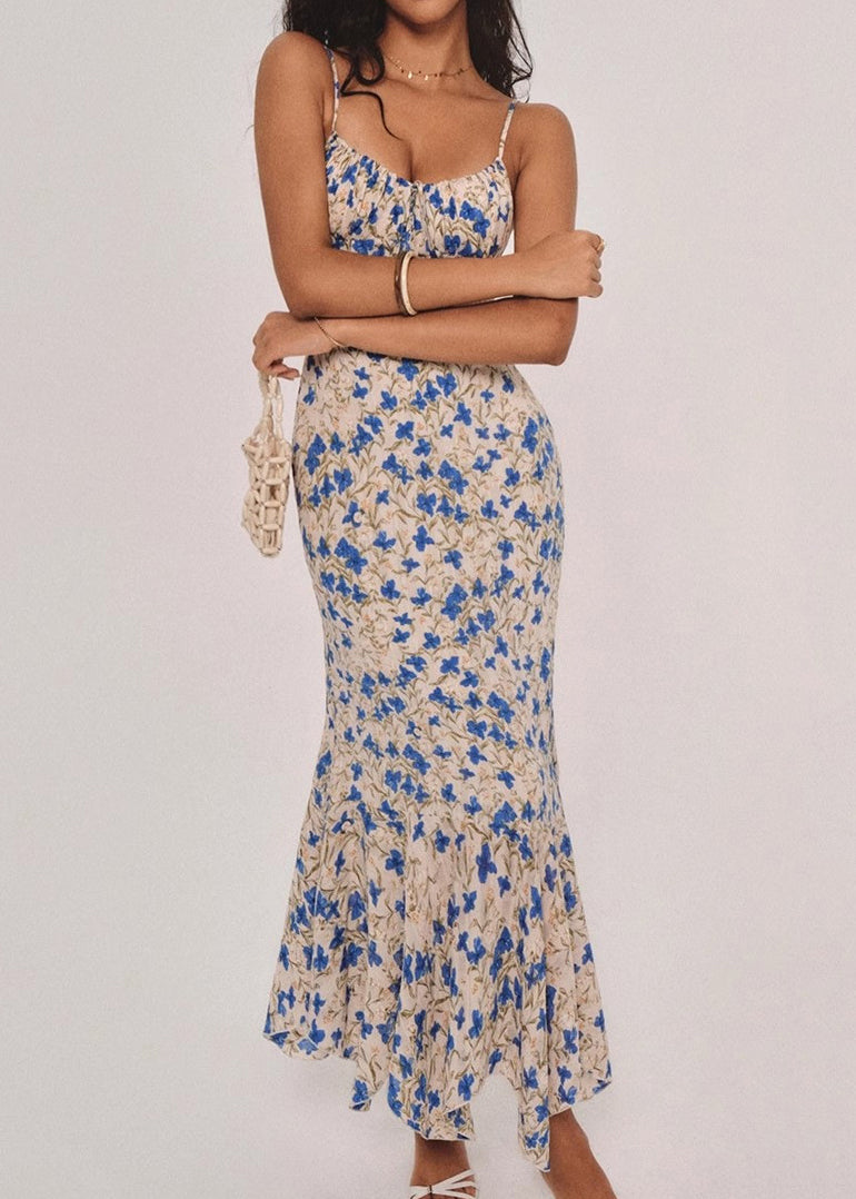 French Blue Print Slim Fit Cotton Spaghetti Strap Dress Summer