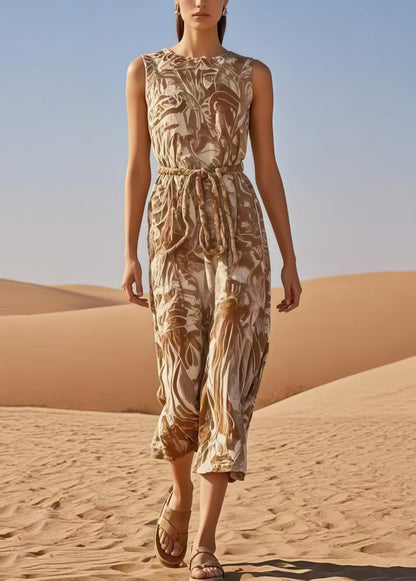 Khaki Cinched Print Cotton Jumpsuits Summer