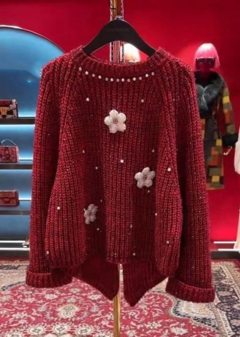 Stylish Red O-neck Nail Bead Thick Cotton Knit Sweater Tops Winter