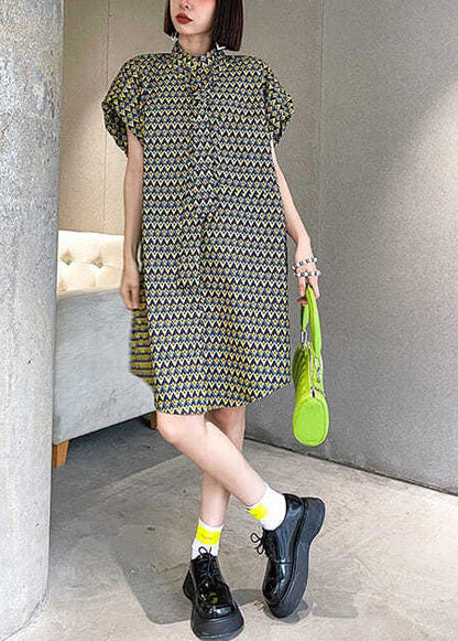 Stand Collar Print Cotton Day Dress Puff Sleeve