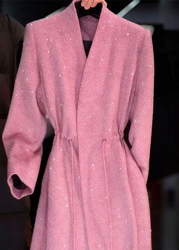 Pink V Neck Sequins Drawstring Coat Fall