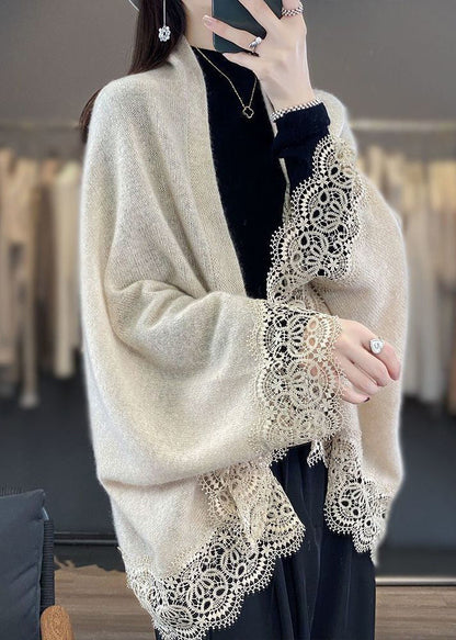 Beige Lace Patchwork Woolen Batwing Sleeve Cardigan V Neck