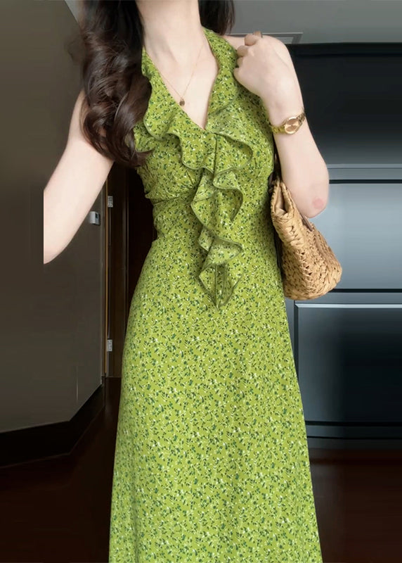 New Green Ruffled Print Cotton Long Dress Sleeveless