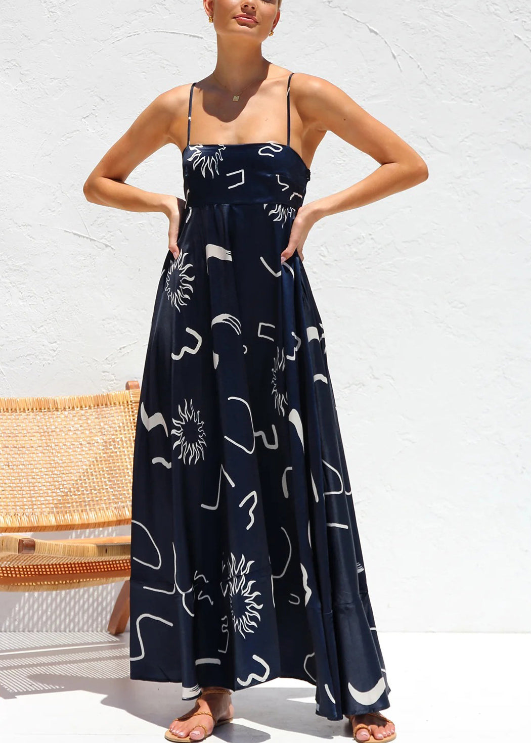 Navy Print Cotton Spaghetti Strap Dress Summer