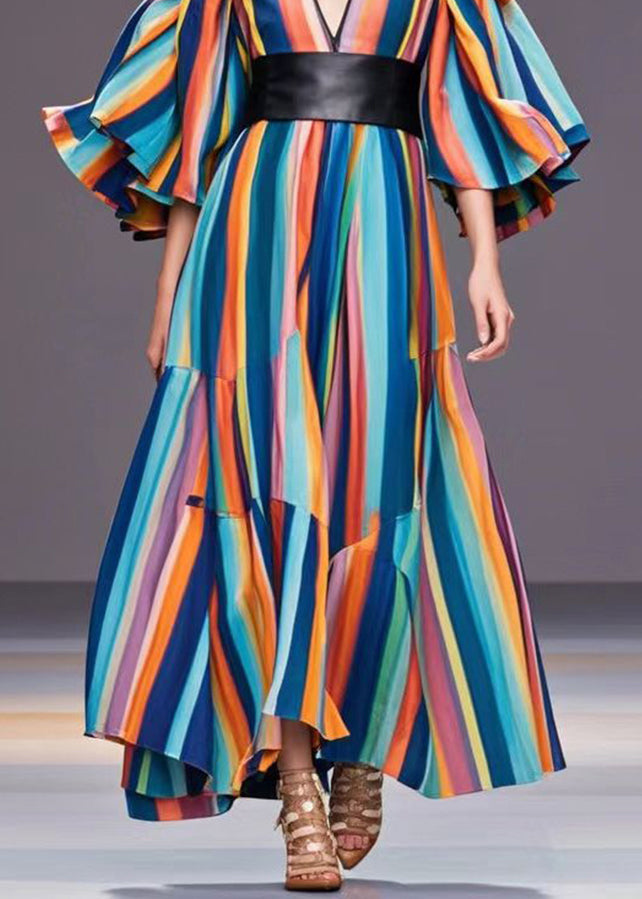 Rainbow Cold Shoulder Striped Cotton Cinched Dresses Fall