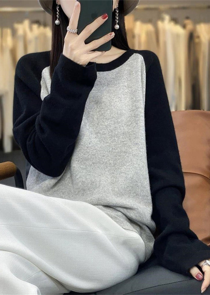 Pink O-neck Patchwork Wool Knit Sweaters Top Fall