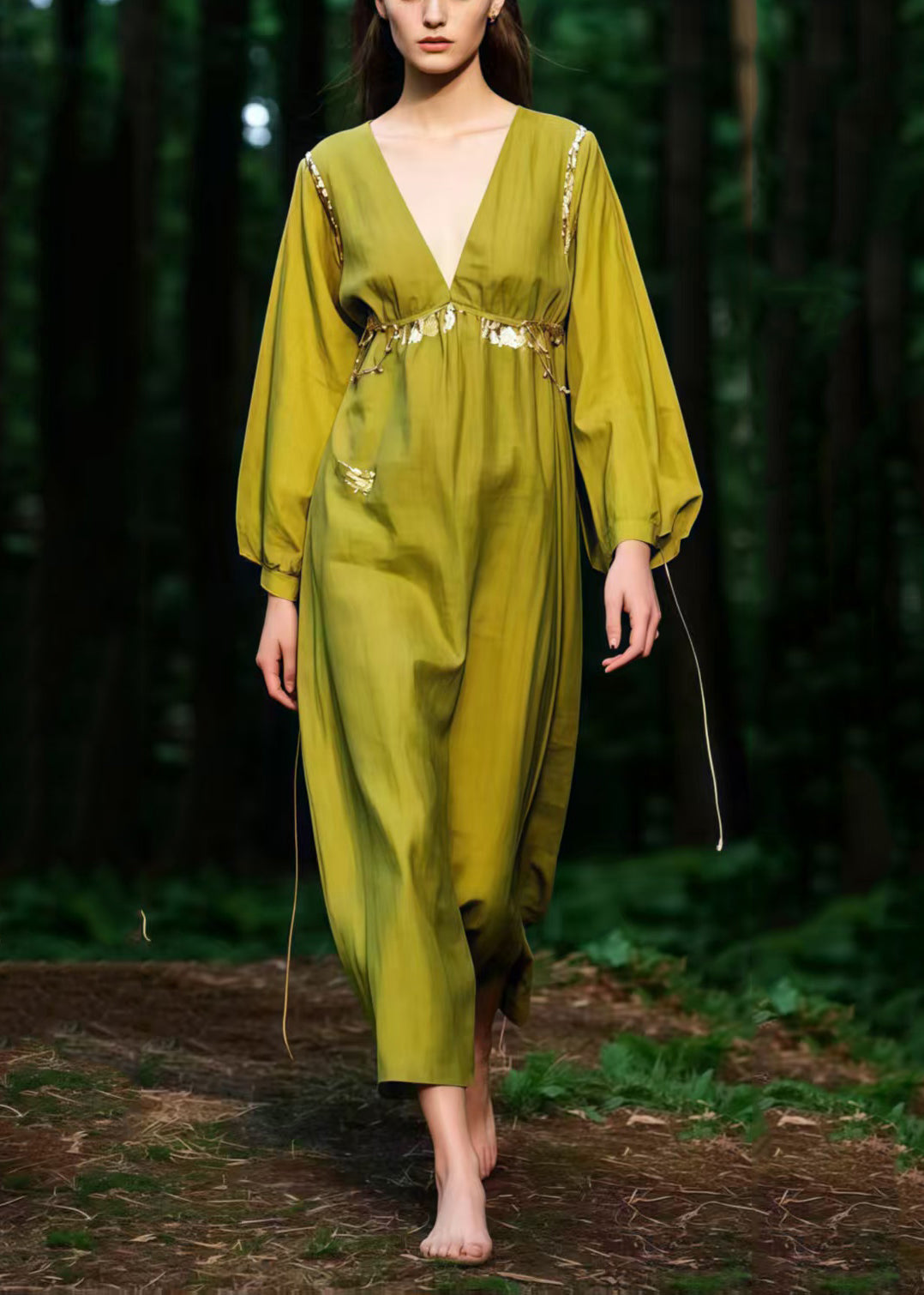 Grass Green V Neck Cotton Ankle Dress Spring