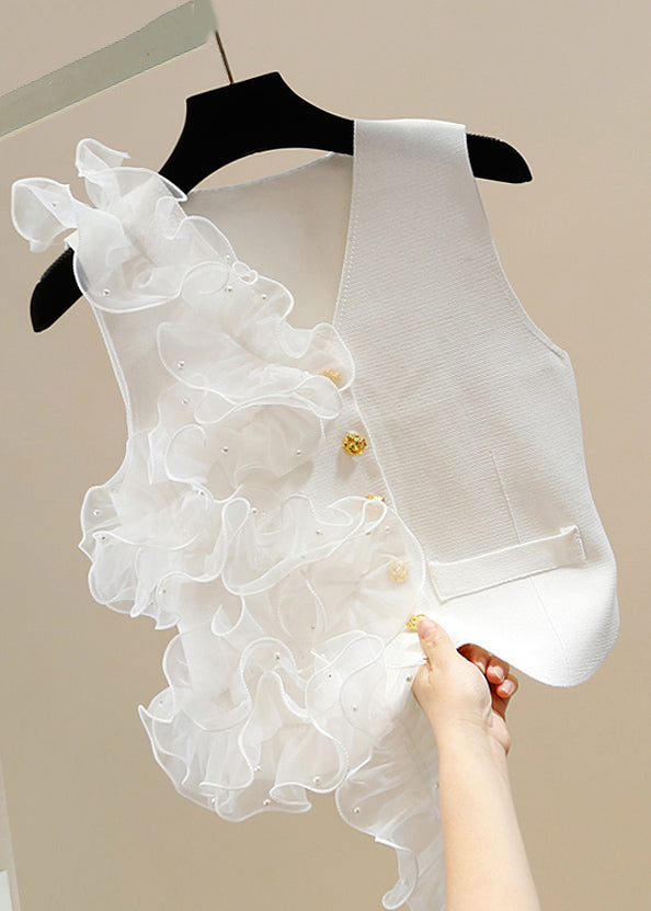 White V Neck Button Tulle Patchwork Cotton Waistcoat Sleeveless