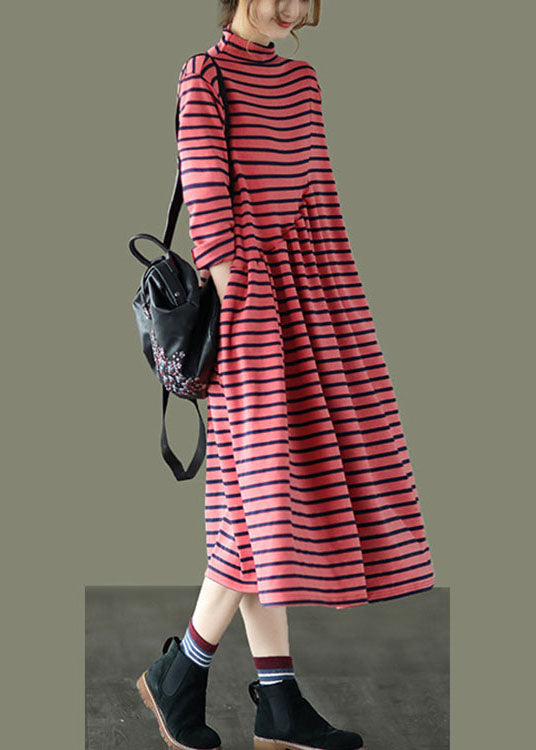 Diy Red Pockets Patchwork Striped Fall Long Dresses