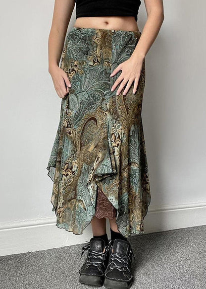 Green Print Lace Patchwork Skirts Summer