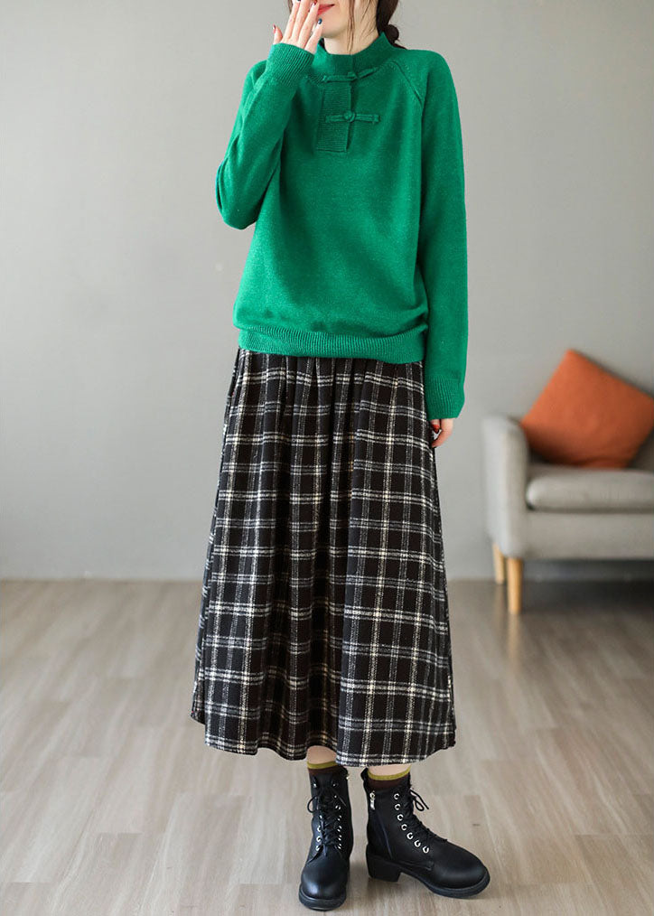 Black Elastic Waist Plaid Cotton a Line Skirt Spring