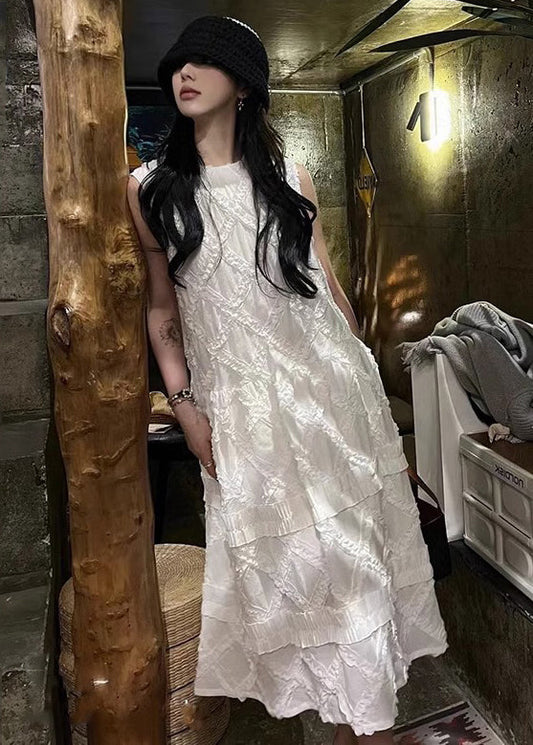 White Ruffled Cotton Long Dress Sleeveless