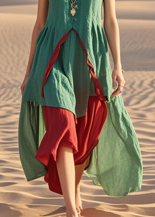 Green Asymmetrical Patchwork Cotton Dress Summer