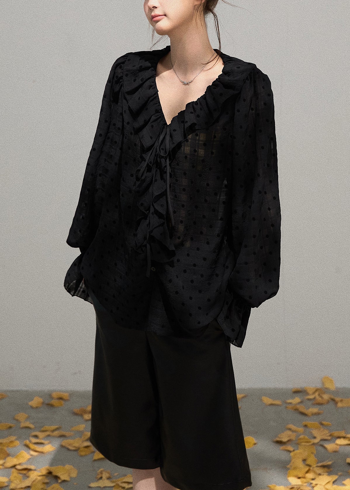 Boutique Black Ruffled Oversized Cotton Blouse Tops Fall