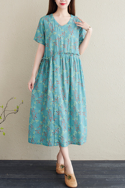 Summer Short Sleeve Printed Dress Neck A-line Dress