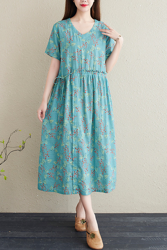 Summer Short Sleeve Printed Dress Neck A-line Dress