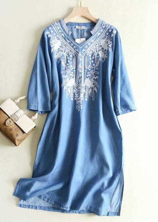 Blue Embroidered Side Open Denim Dresses Summer
