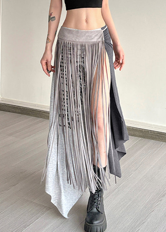 Grey Asymmetrical Graphic Wrinkled Tassel Maxi Skirts Summer