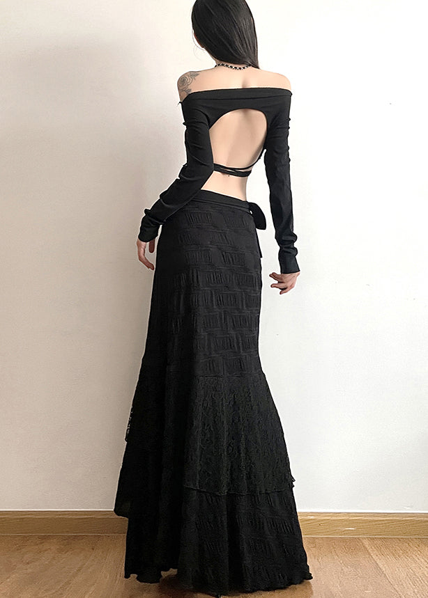 Black Asymmetrical Patchwork Cotton Skirts Fall