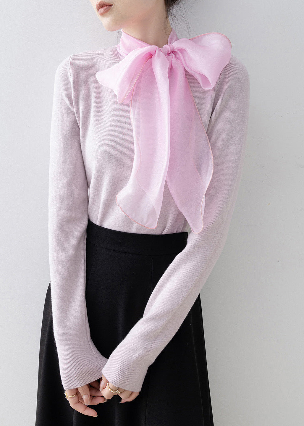 Pink Hign Neck Bow Slim Fit Knit Sweaters Spring