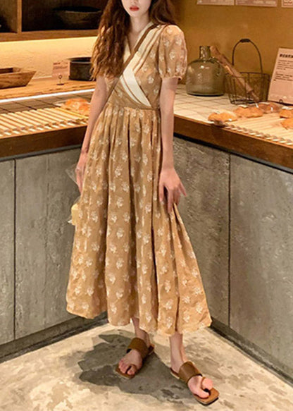 Champagne V Neck Print Wrinkled Cotton Long Dress Summer